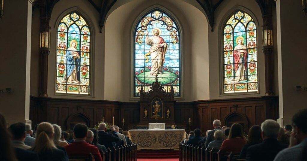 Sobór katolicki z witrażami przedstawiającymi Chrystusa Króla, otoczony modlącymi się wiernymi. Scena podkreśla kolebność i pokorę tradycyjnej mszy katolickiej w kontrastzie z chaosem rockowej rebelii.