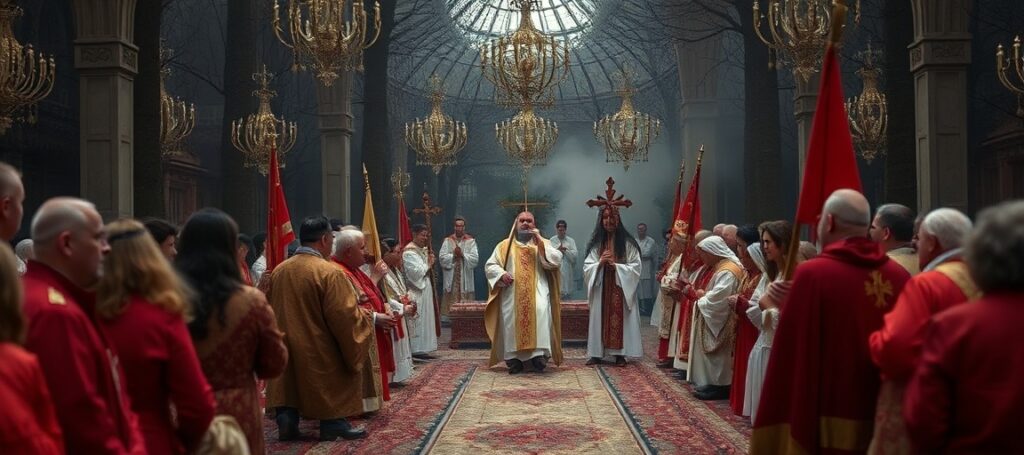 Katolicki sobór z krzyżem i modlącej się społecznością przed portretem Piusa XI.