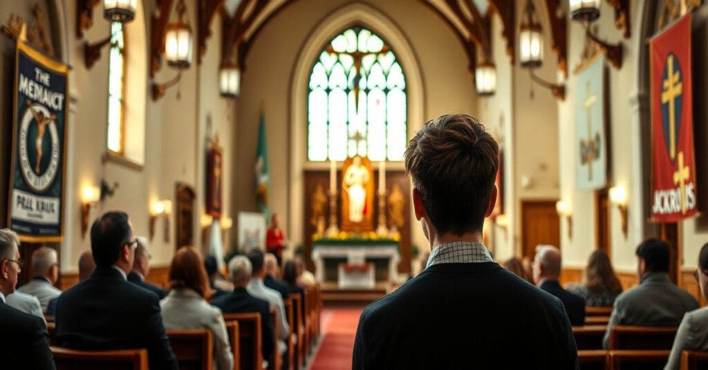 Sobór katolicki z tradycyjną architekturą, przedstawiający młodego mężczyznę w zawstydzeniu podczas prowadzenia fałszywego misyjnego warsztatu przez 'o. Pawła Kowalskiego SJ', otoczonego przez banery modernistyczne i zdeformowane symbole religijne.