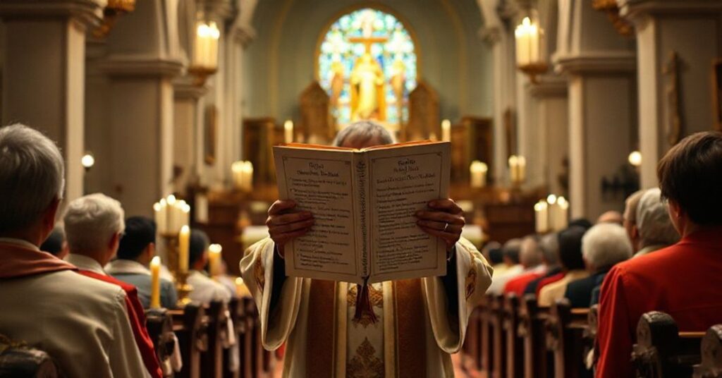 Sobór katolicki z tradycyjnym wnętrzem, gdzie ksiądz w ornacie stoi przy ołtarzu otoczony wiernymi. Scena oddaje moment pobożności z nabożnymi świecami i ikonami religijnymi. Na uwadze jest ksiądz trzymający książkę z nazwiskami 'lokalnych świadków wiary', symbolizującą synkretyzm posoborowy.
