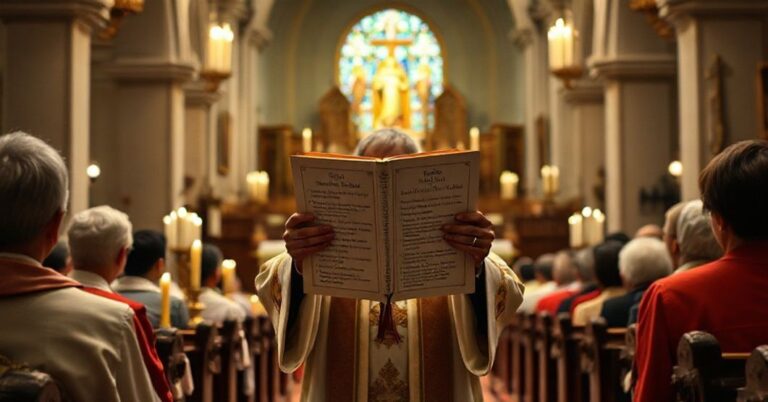 Sobór katolicki z tradycyjnym wnętrzem, gdzie ksiądz w ornacie stoi przy ołtarzu otoczony wiernymi. Scena oddaje moment pobożności z nabożnymi świecami i ikonami religijnymi. Na uwadze jest ksiądz trzymający książkę z nazwiskami 'lokalnych świadków wiary', symbolizującą synkretyzm posoborowy.