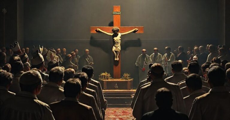 Sobór katolicki modli się przed krzyżem w kontrastu z modernistycznymi biskupami dyskutującymi z światowymi przywódcami