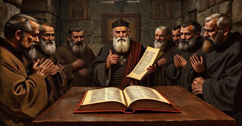 Tradycyjne przedstawienie Soboru Nicejskiego z Ojcami Kościoła modlącymi się i odrzucającymi herezję ariańską.