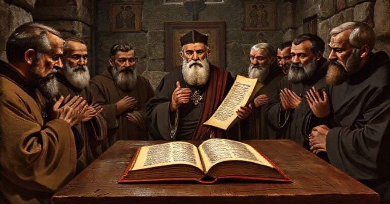 Tradycyjne przedstawienie Soboru Nicejskiego z Ojcami Kościoła modlącymi się i odrzucającymi herezję ariańską.