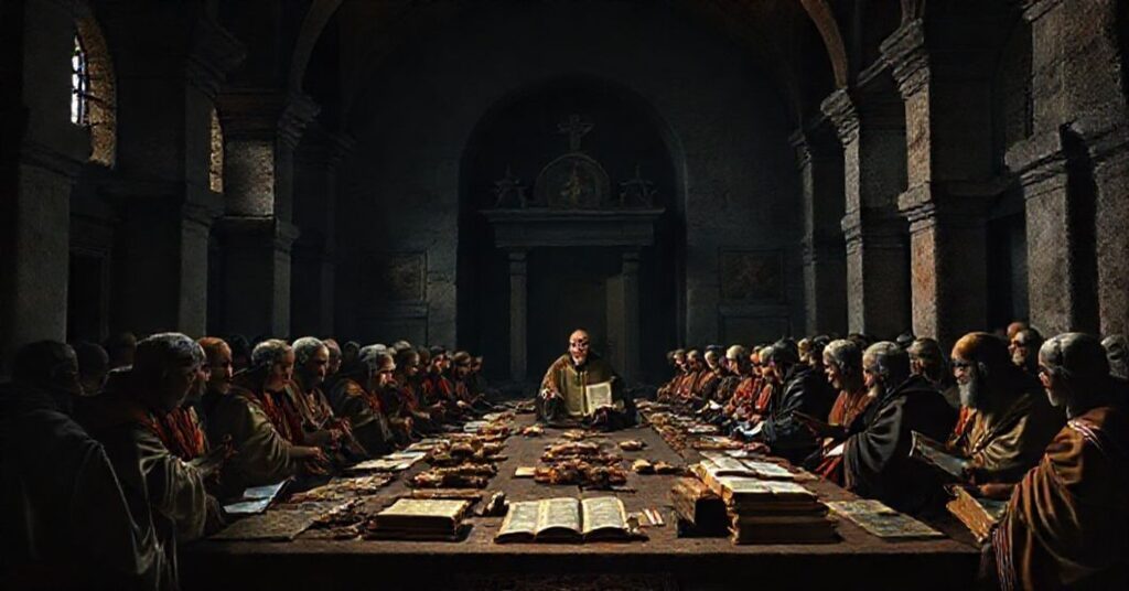 Historyczny odtworzenie Soboru Nicejskiego z 325 roku z biskupami i Ojcami Kościoła w tradycyjnej bizantyjskiej bazylice. Kontrastuje z współczesnymi wykopaliskami ignorującymi duchowe znaczenie soboru.