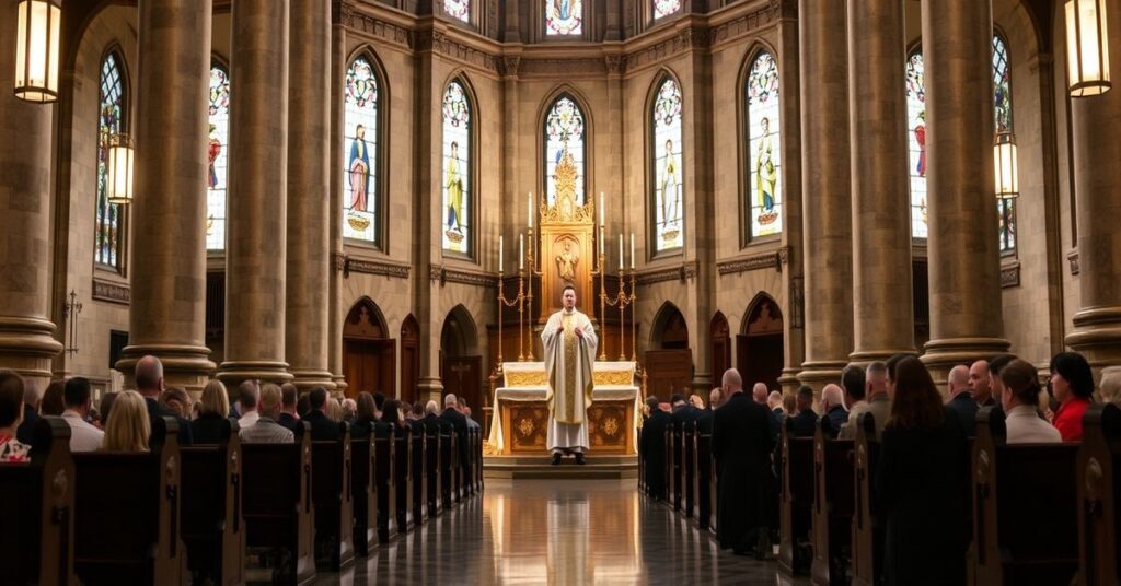 Klasyczna katolicka bazylika z tradycyjnymi elementami liturgicznymi podczas uroczystej Mszy Świętej.