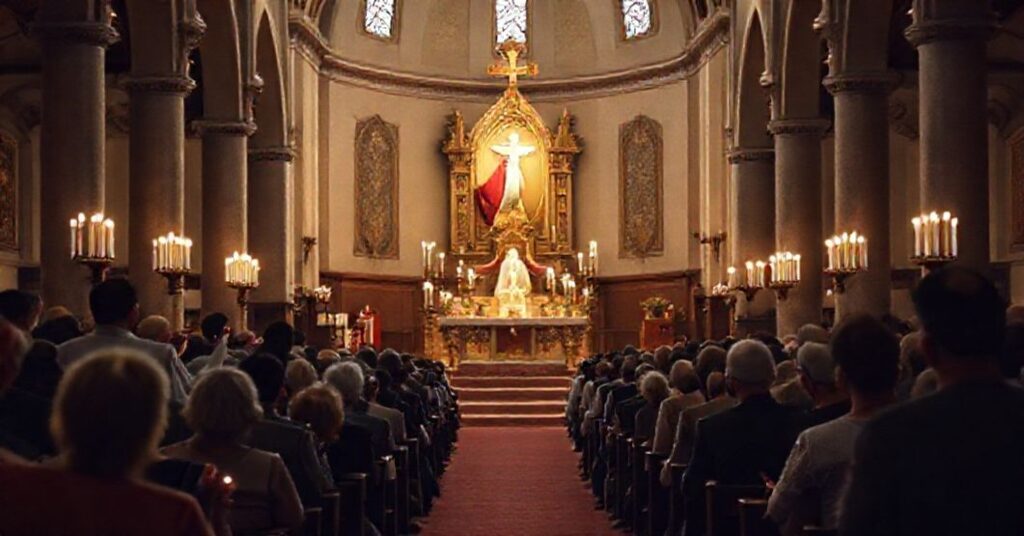 Tradycyjne liturgiczne wewnętrze kościoła z chórem śpiewającym gregoriański chant podczas Mszy Świętej.
