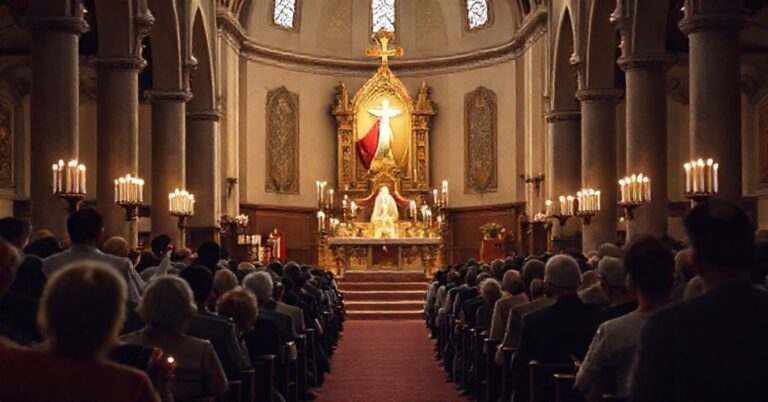Tradycyjne liturgiczne wewnętrze kościoła z chórem śpiewającym gregoriański chant podczas Mszy Świętej.