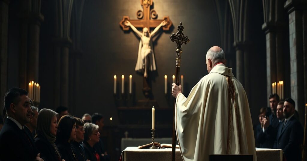Sobór w tradycyjnym stylu z biskupem w biało-złotych szatach i krzyżem w ręce stoi przed zgromadzeniem wiernych, podkreślając powagę katolickiej doktryny.