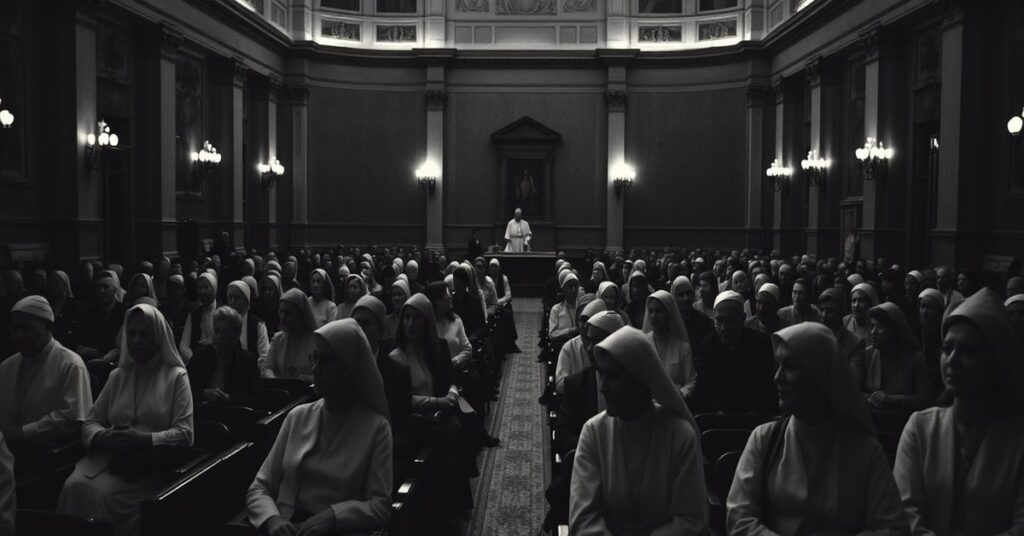 Obraz przedstawiający kobiety jako audytorki na Soborze Watykańskim II, ilustrujący demontaż hierarchicznego porządku Kościoła katolickiego.