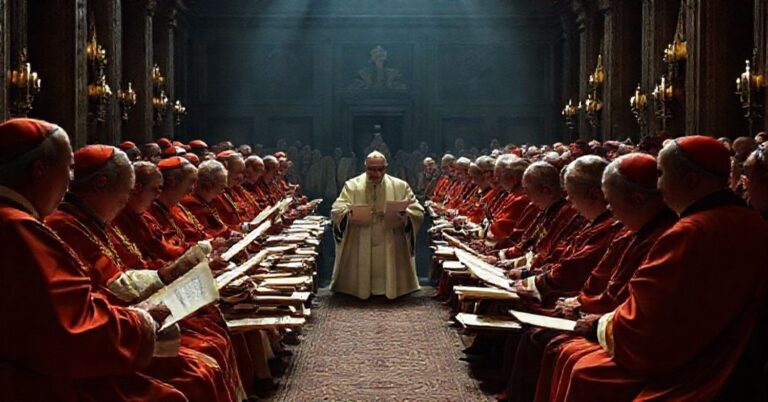 Scena z Soboru Watykańskiego II przedstawiająca bunt kardynałów przeciwko papieskim dokumentom