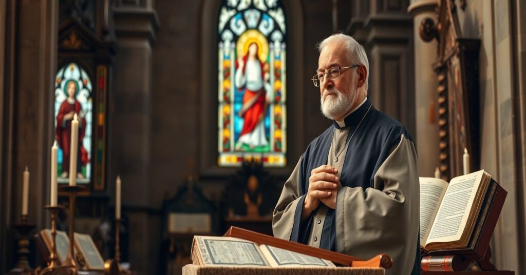 Sobór katolicki z postacią reprezentującą Piotra Parolina w pomieszczeniu pełnym starych rękopisów i symboli religijnych.