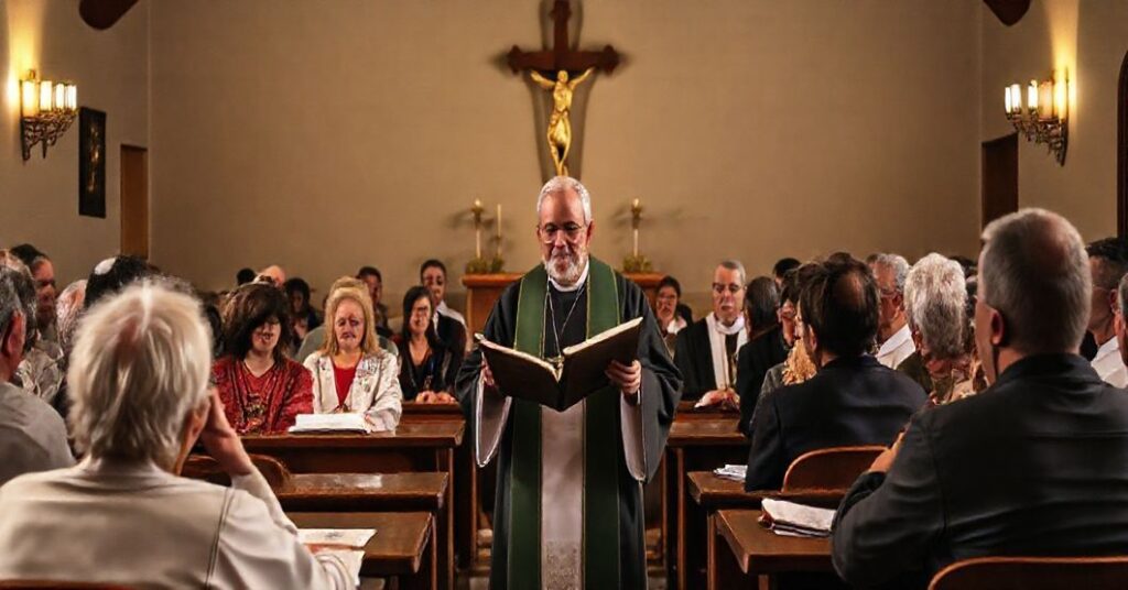 Sobór w tradycyjnym klasycznym stylu z kapłanem i wiernymi podczas wykładu o Pismach Świętych i liturgii