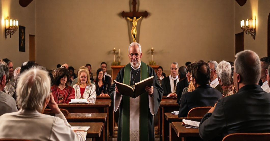 Sobór w tradycyjnym klasycznym stylu z kapłanem i wiernymi podczas wykładu o Pismach Świętych i liturgii