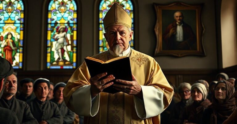 Tradycyjny biskup katolicki w szatach liturgicznych przemawia do wiernych w kościele o grzechu lichwy.