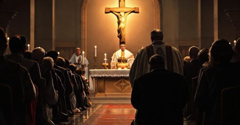 Sobótka w tradycyjnym kościele katolickim z kapłanem celebrowanym Mszę Świętą i modlącym się wiernym