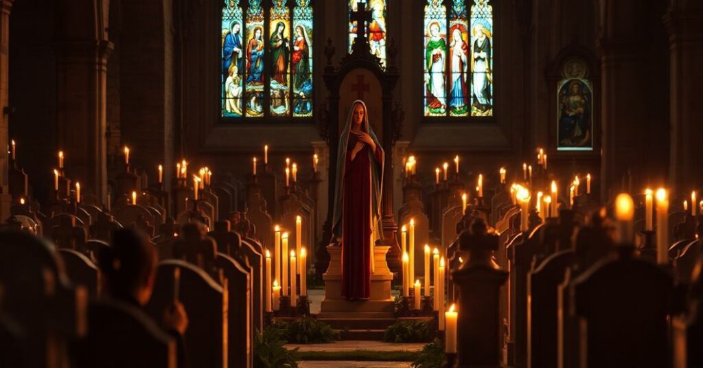 Sobótka ceremonialna na Dzień Zaduszny w tradycyjnym kościele katolickim z rzeźbą Matki Boskiej Bolesnej, płonącymi świeczkami i modlącymi się rodzinami.