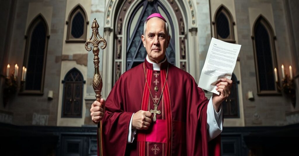 Obraz przedstawia biskupa Francesco Antonio Soddu przed wejściem do loży masońskiej, symbolizując zdradę wiary i nieprawdziwą nominację.