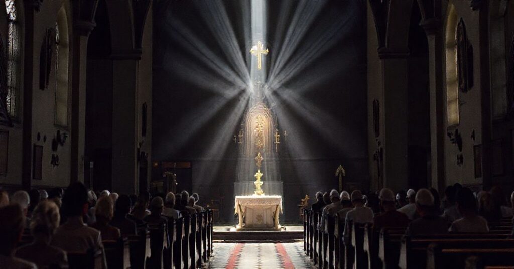 Wnętrze kościoła z monstrancją zawierającą Najświętszy Sakrament otoczony modlącymi się wiernymi w tradycyjnych strojach.