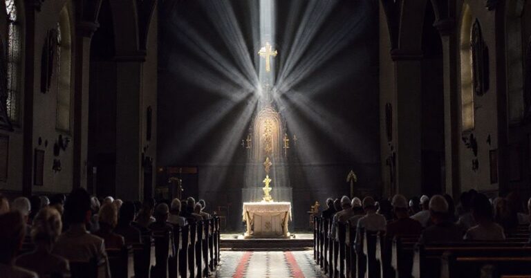 Wnętrze kościoła z monstrancją zawierającą Najświętszy Sakrament otoczony modlącymi się wiernymi w tradycyjnych strojach.
