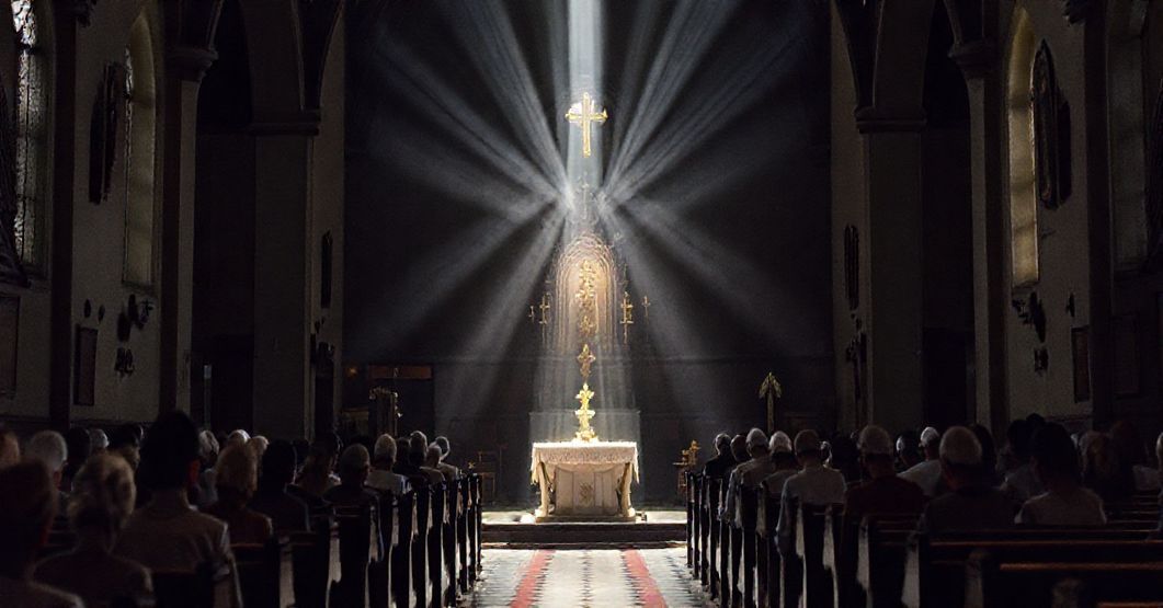 Wnętrze kościoła z monstrancją zawierającą Najświętszy Sakrament otoczony modlącymi się wiernymi w tradycyjnych strojach.
