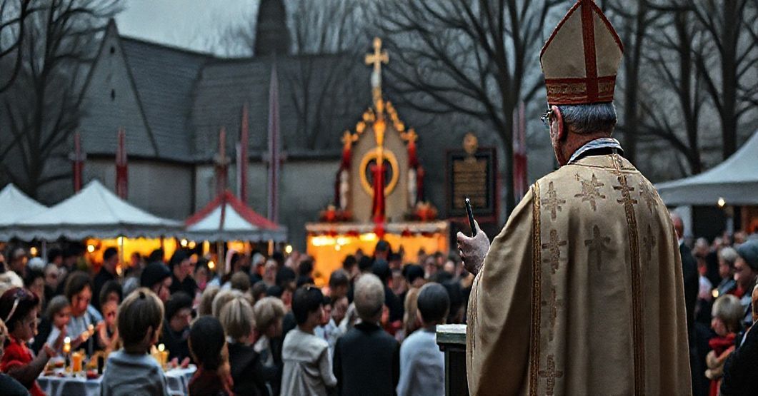 Melancholijna scena z Sokołowa Podlaskiego podczas fałszywego obchodzenia stulecia 'salezjańskiej' obecności, ukazująca modernistycznego 'biskupa' bez właściwej sukcesji, z dziećmi bawiącymi się na tle plakatu pamiątkowego.