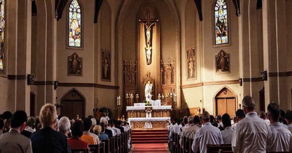 Solemne wnętrze kościoła podczas tradycyjnej Mszy św. z kapłanem w białych szatach i modlącą się grupą wiernych w tradycyjnym stylu.