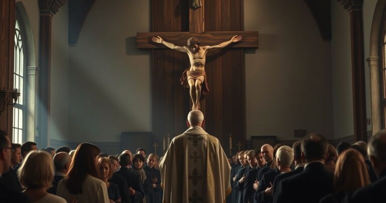 Ksiądz w tradycyjnych szatach modli się przed krucyfiksem w kościele, symbolizując duchową refleksję i wierne katolickie wartości.