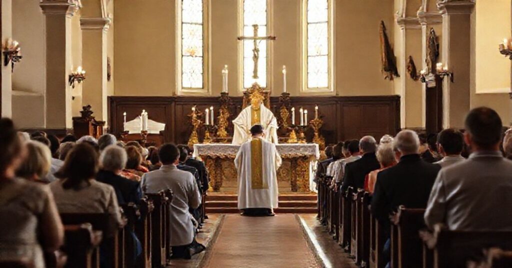 Tradycyjna msza katolicka w historycznym kościele z kapłanem w sutannie odprawiającą mszę trydencką z pokorą.