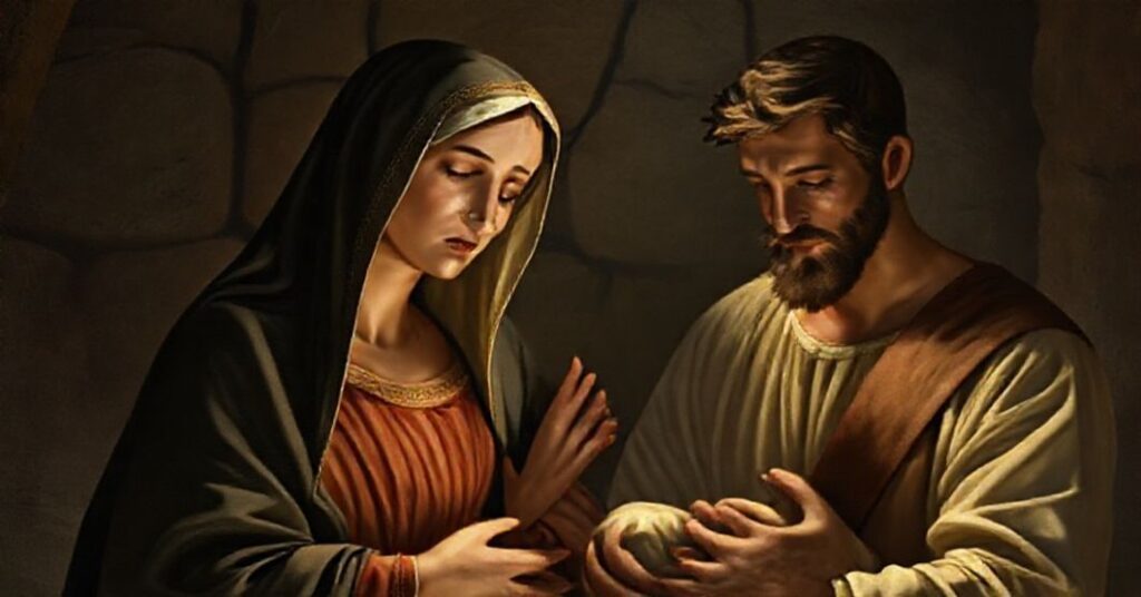 Solemne przedstawienie Świętej Rodziny w tradycyjnym katolickim stylu, z uwzględnieniem Matki Boskiej i Jezusa Chrystusa.