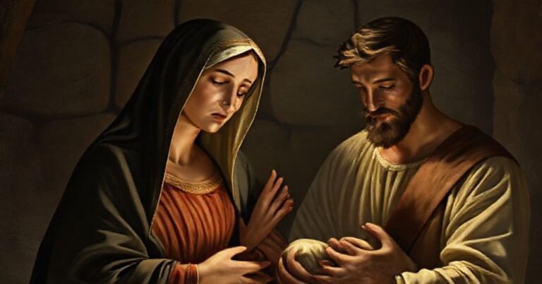 Solemne przedstawienie Świętej Rodziny w tradycyjnym katolickim stylu, z uwzględnieniem Matki Boskiej i Jezusa Chrystusa.