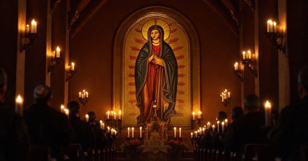 Cerkiew tradycyjna z przedstawieniem Matki Boskiej jako Współodkupicielki. Przedstawiono tradycjonalistów w modlitwie protestującej przeciwko dokumentowi watykańskiemu.