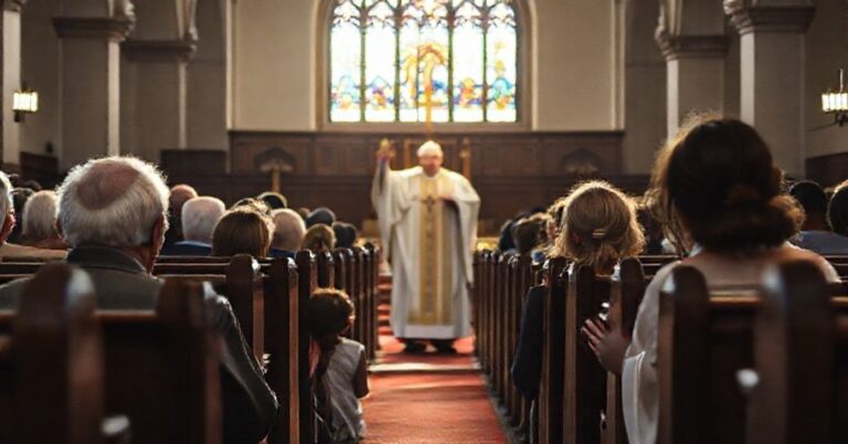 Stary mężczyzna i młoda rodzina modlący się w tradycyjnym kościele katolickim pod ołtarzem z hostią. Symbolizuje to pokolenia solidarności i poświęcenie życia rodzinnego.