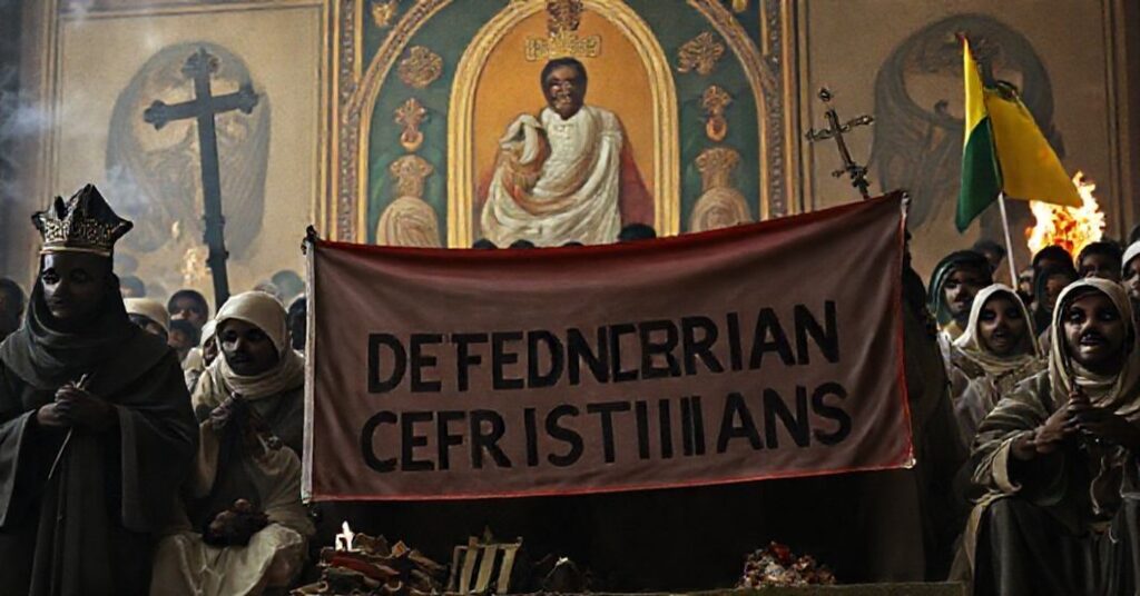 Obraz przedstawiający cierpienie nigeryjskich chrześcijan w wyniku prześladowań, w tym spalone kościoły i przesiedlone rodziny w obozach dla uchodźców, na tle gestu solidarności kibiców piłkarskich z Rumunii trzymających transparent "Obrońcie chrześcijan nigeryjskich".