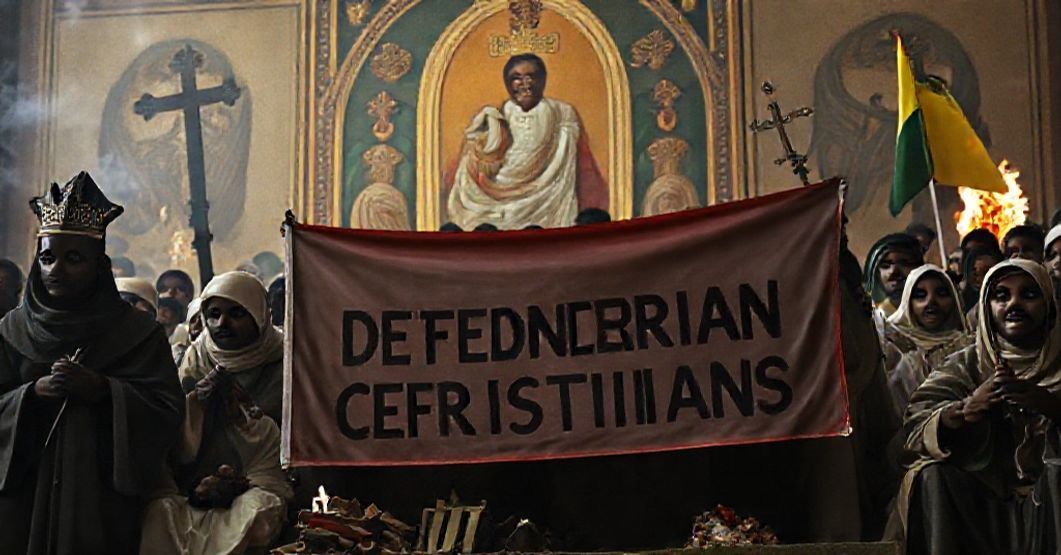 Obraz przedstawiający cierpienie nigeryjskich chrześcijan w wyniku prześladowań, w tym spalone kościoły i przesiedlone rodziny w obozach dla uchodźców, na tle gestu solidarności kibiców piłkarskich z Rumunii trzymających transparent "Obrońcie chrześcijan nigeryjskich".