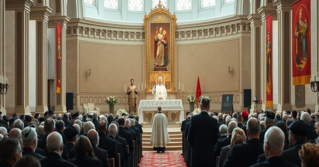 Grupa sołtysów uczestniczących w niezgodnej z Tradycją pielgrzymce do sanktuarium św. Józefa w Kaliszu pod przewodnictwem modernistycznego biskupa Damiana Bryla.