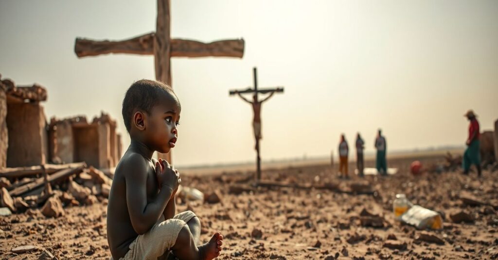 Dziecko somalijskie modlące się pod krzyżem na tle katastrofy humanitarnej