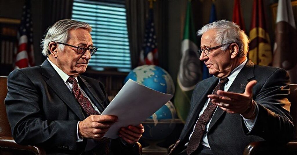 Portret George'a Sorosa i Henry'ego Kissingera dyskutujących dokumenty Departamentu Stanu w biurze