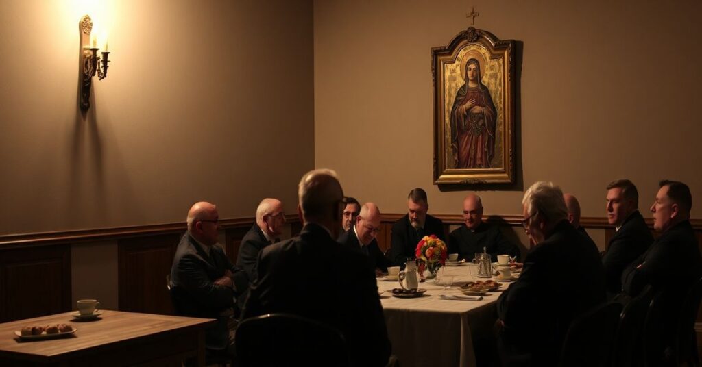 Grupa ludzi zebrana w sosnowieckiej kurii, podczas spotkania pod pretekstem opieki nad "osobami skrzywdzionymi" w Kościele. Scena przedstawia fałszywą pobożność i brakujące elementy katolickiej wiary.