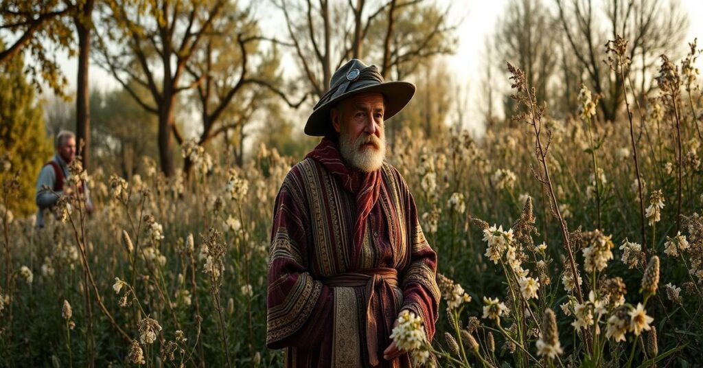 Tradycyjny kapłan w sutannie przed grupą pokrzywdzonych dzieci w ruinach klasztoru symbolizuje problemy posoborowego Kościoła.