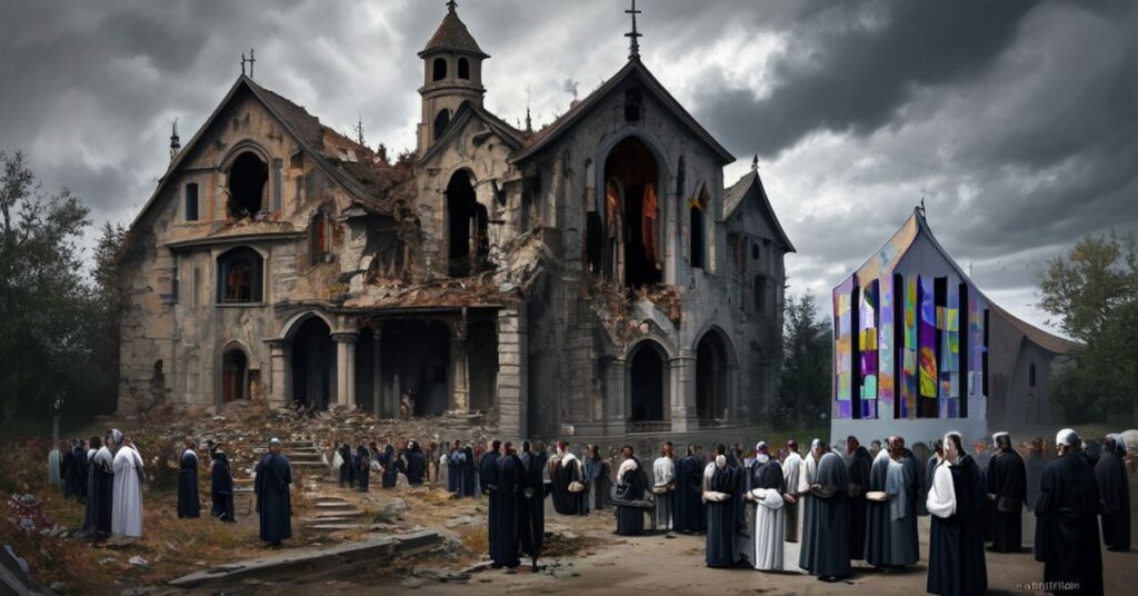 Zdjęcie przedstawia spaloną świątynię św. Jana Chrzciciela w Morinville po aktach wandalizmu w 2021 roku. Na pierwszym planie widoczne są sedevacantyjni katolicy modlący się przed ruinaми kościoła.