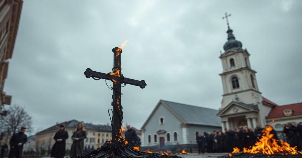 Spalony krzyż na ulicy Rzymowskiego w Warszawie jako symbol upadku fałszywego kultu