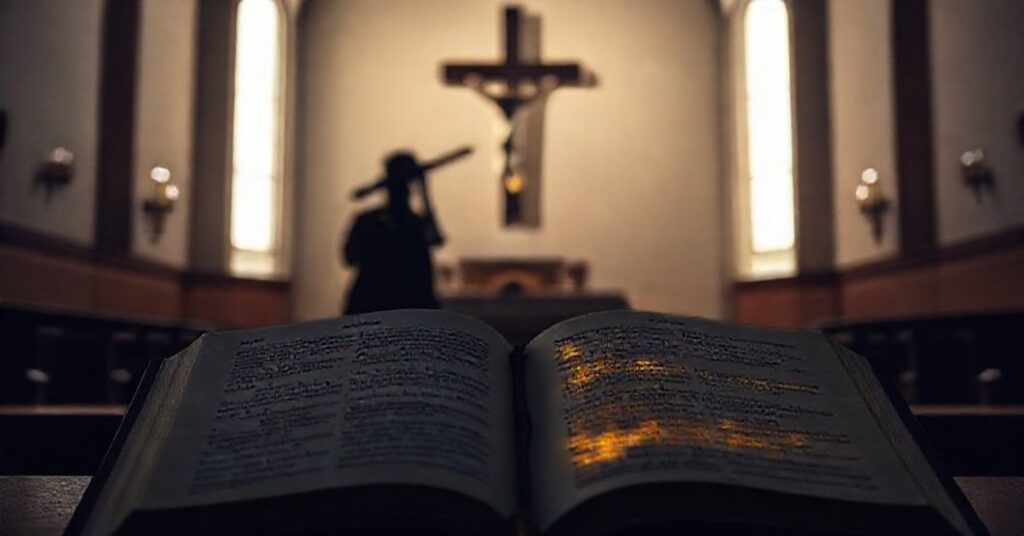 Pusty ołtarz kościelny z blaknącym krzyżem i cieniutkim siluetą żołnierza trzymającego broń jądrową na tle biblijnych cytatów potępiających wojnę.