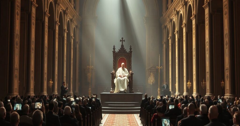 Pusta stolica prawdziwego papieża w rzymskim kościele z cieniu uzurpatora Leona XIV i technokratycznymi symbolami sztucznej inteligencji