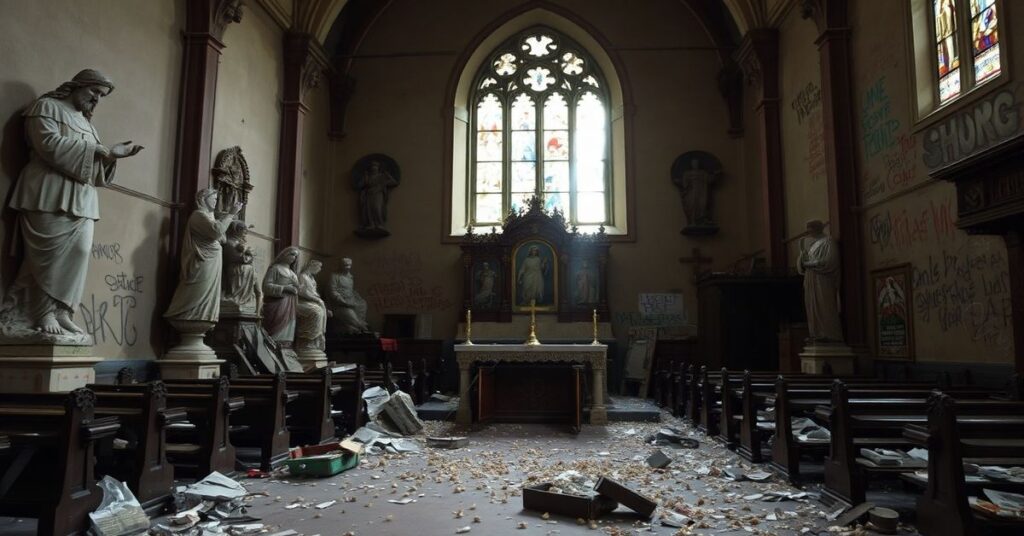Wnętrze splądrowanego kościoła katolickiego w Londynie w 2026 roku, z uszkodzonymi rzeźbami świętych i przewróconymi ławkami. Tabernakulum jest puste, a hostie rozrzucone po podłodze.
