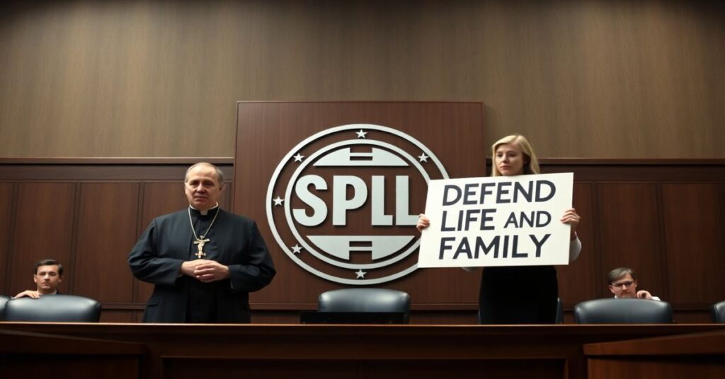Sądowa sala z obrazem loga SPLC jako dowodu w procesie, boczni tradycyjny biskup katolicki i aktywista pro-life