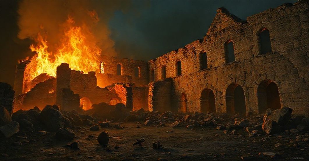 Realistyczne przedstawienie ruin historycznego klasztoru kartuzów w Le Mont-Dieu we Francji, płomienie pochłaniające stary kamień. Scena jest oświetlona ciepłym i dziwnym blaskiem ognia w kontrastcie z ciemnym nocnym niebem. Na pierwszym planie leżą rozbite przedmioty religijne. Obraz przekazuje wrażenie utraty i boskiego sądu.