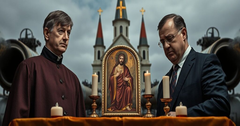 Obraz przedstawiający spór dyplomatyczny między Ukrainą a Węgrami na tle kościoła katolickiego i rurociągu gazowego.