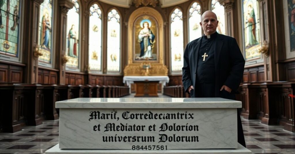 Wnętrze kościoła z marmurową tablicą dedykowaną Matce Bożej jako 'Współodkupicielki i Pojednawczyni', tradycyjny ksiądz w czarnej sutannie w tle.