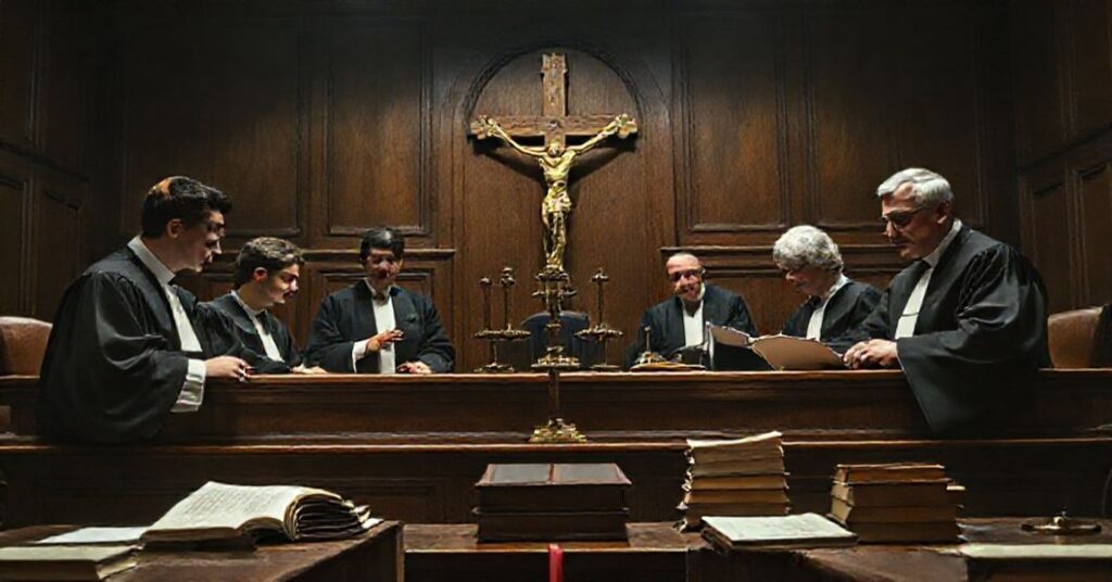 Obraz przedstawiający spór między młodymi neo-sędziami a tradycyjnymi sędziami w sądzie polskim, symbolizujący chaos prawny wynikający z postkoncyliarnych reform.